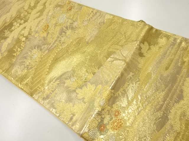 JAPNAESE KIMONO / ANTIQUE FUKURO OBI / SILK / WOVEN SCENERY OF GARDEN